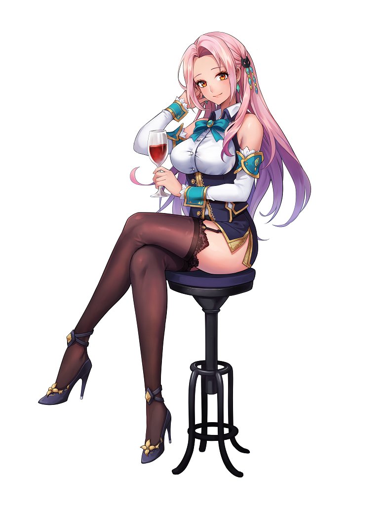 1girl, alcohol, artist_request, bare_shoulders, black_legwear, bow, bowtie, breasts