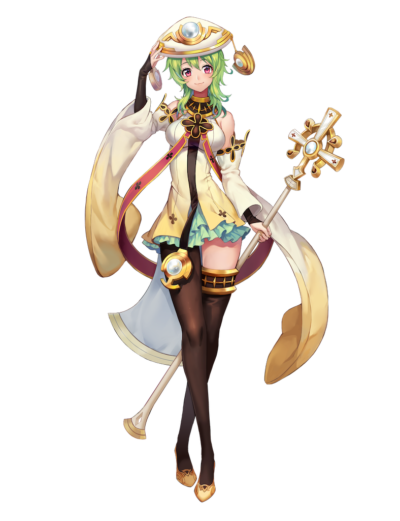 1girl, artist_request, asymmetrical_legwear, bangs, bare_shoulders, black_legwear, breasts, bridal_gauntlets, dress, full_body, green_hair, hat, holding, long_hair, looking_at_viewer, luna_princess, medium_breasts, official_art, red_eyes, shoes, short_dress, smile, solo, staff, standing, thigh-highs, transparent_background, wide_sleeves, zettai_ryouiki