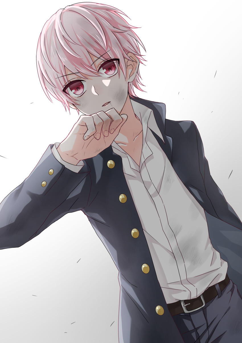 1girl, absurdres, androgynous, belt, dirty, dirty_face, gakuran, highres