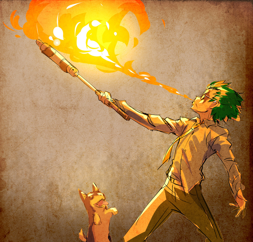 1boy, bartholomew_oobleck, breathing_fire, dog, fire, glasses, green_hair, highres