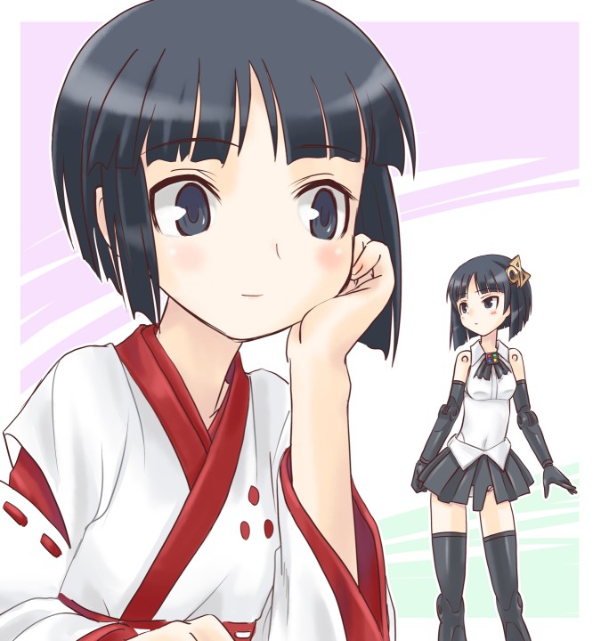 asuka_(busou_shinki), black_hair, bob_cut, bow, busou_shinki, chin_rest, doll_joints, japanese_clothes