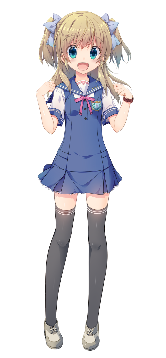 1girl, 5240mosu, aqua_eyes, blonde_hair, bow, clenched_hands, eyebrows_visible_through_hair, grey_legwear, hair_bow, highres, kamiki_ayaka, long_hair, looking_at_viewer, natsuiro_koi_uta, official_art, open_mouth, short_sleeves, skirt, solo, thigh-highs, transparent_background, two_side_up, watch, watch