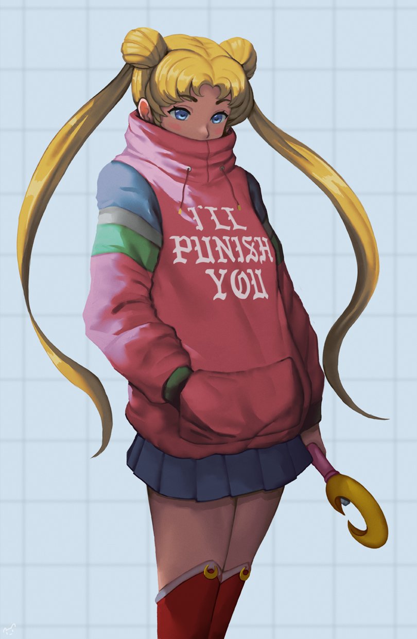 1girl, bishoujo_senshi_sailor_moon, blonde_hair, blue_background, blue_eyes, blue_skirt, boots, cowboy_shot