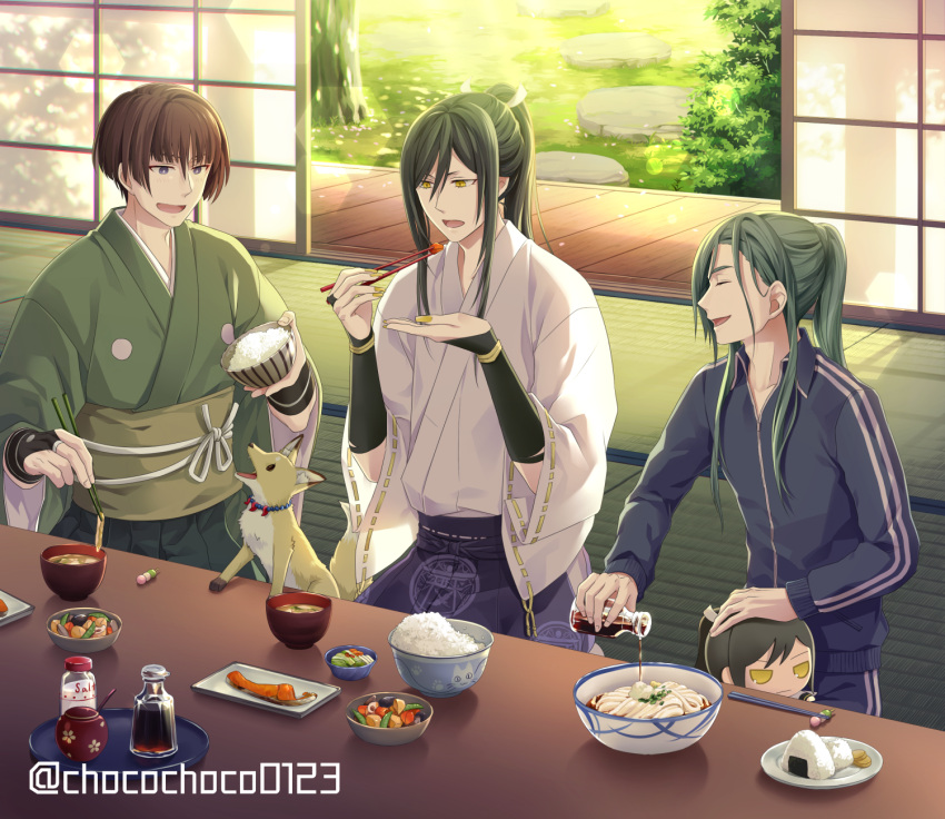 3boys, black_hair, bowl, brown_hair, character_doll, chopsticks, closed_eyes, dango