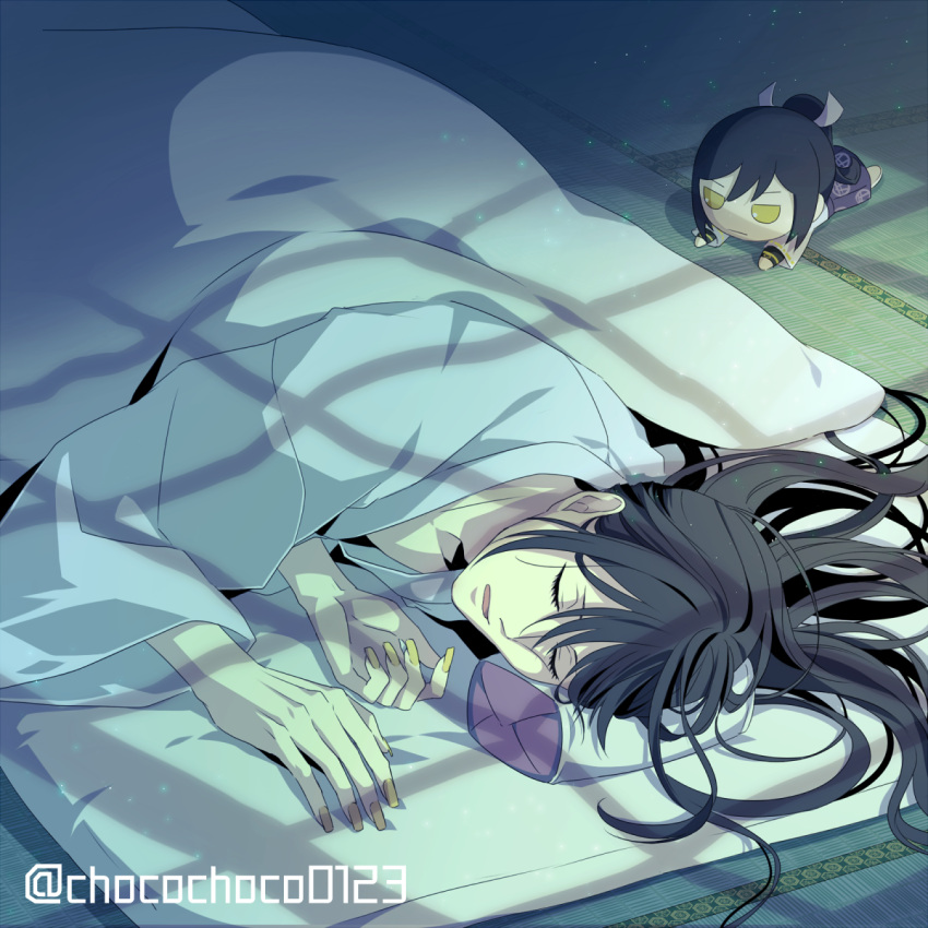 1boy, black_hair, character_doll, closed_eyes, futon, highres, honegai, lying