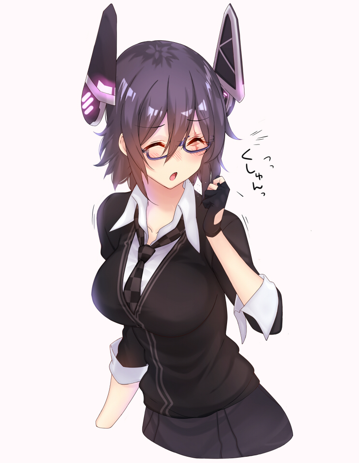 1girl, :o, amayu, bespectacled, blush, checkered, checkered_necktie, closed_eyes