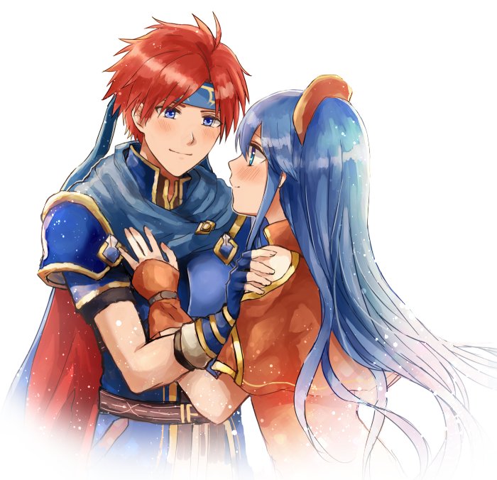 1boy, 1girl, armor, blue_eyes, blue_hair, blush, cape, dress