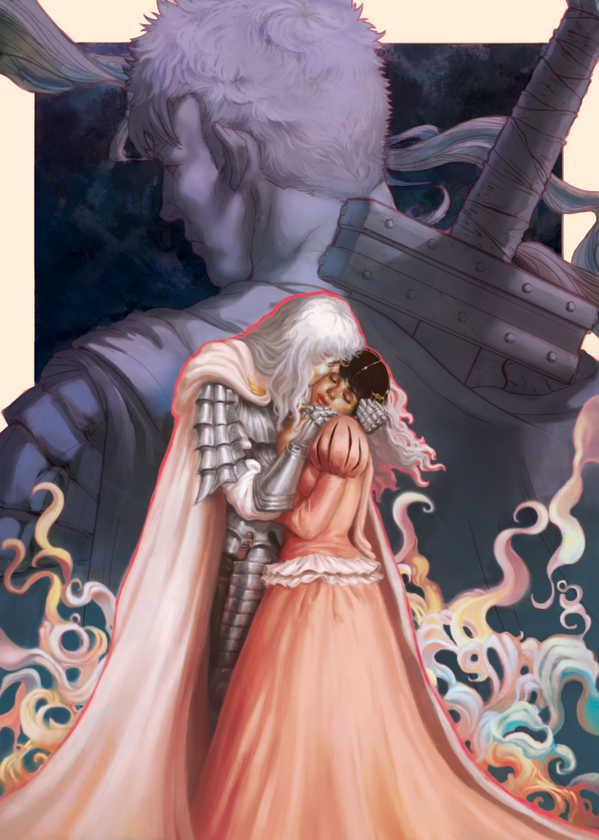 1girl, 2boys, absurdres, armor, berserk, breastplate, cape, casca