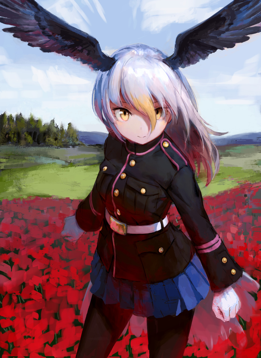 1girl, :>, arms_at_sides, bald_eagle_(kemono_friends), belt, bird_tail, bird_wings, black_jacket, black_legwear, blazer, blonde_hair, blue_skirt, blue_sky, blurry, buttons, clenched_hands, clouds, cloudy_sky, cowboy_shot, day, dot_nose, eyelashes, field, floating_hair, flower, flower_field, gloves, grass, hair_between_eyes, head_wings, highres, jacket, kemono_friends, long_hair, long_sleeves, looking_at_viewer, mountain, multicolored_hair, outdoors, pantyhose, pleated_skirt, pocket, red_flower, redhead, skirt, sky, smile, solo, tail, tree, treeware, tsurime, white_belt, white_gloves, white_hair, wind, wings, yellow_eyes