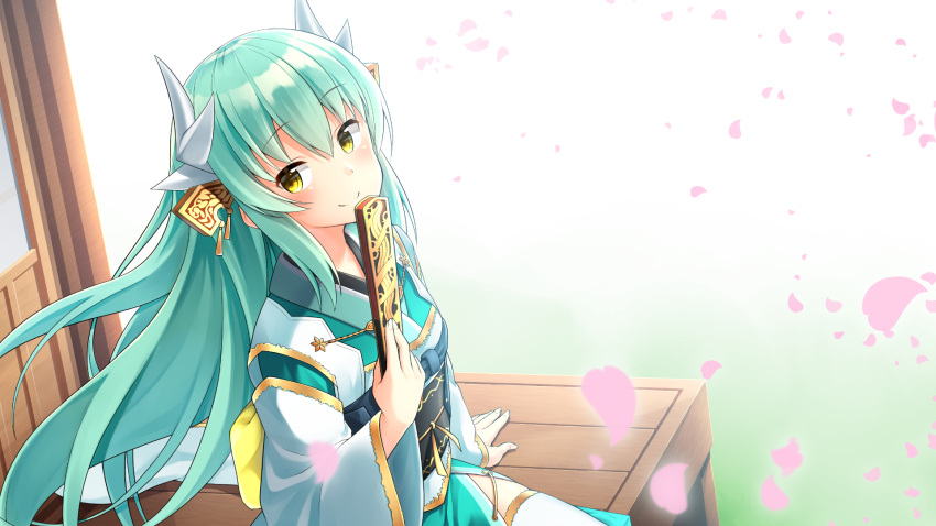1girl, ariel23795, bangs, blush, closed_mouth, eyebrows_visible_through_hair, fan, fate/grand_order
