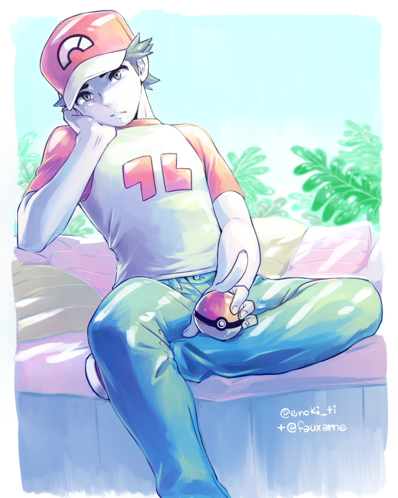 1boy, baseball_cap, collaboration, colored, denim, hat, jeans, leaf