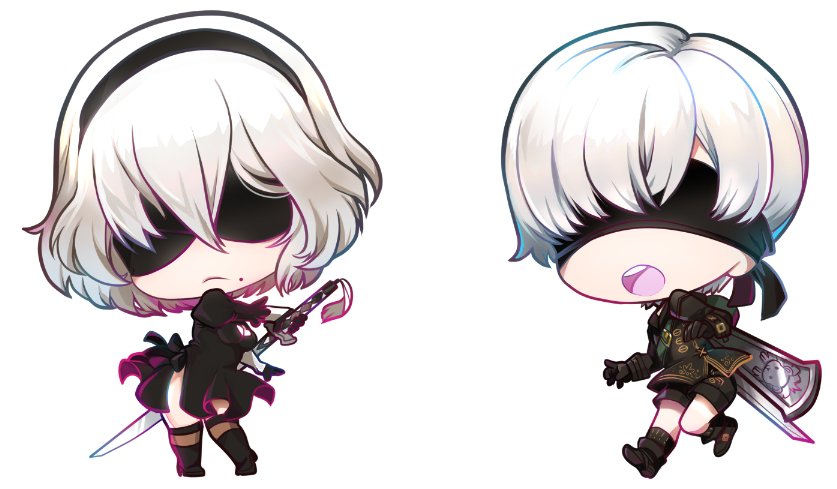1boy, 1girl, black_dress, black_hairband, blindfold, boots, chibi, cleavage_cutout