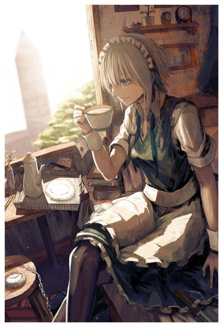 apron, braid, clock, cup, dagger, dutch_angle, grey_eyes, highres