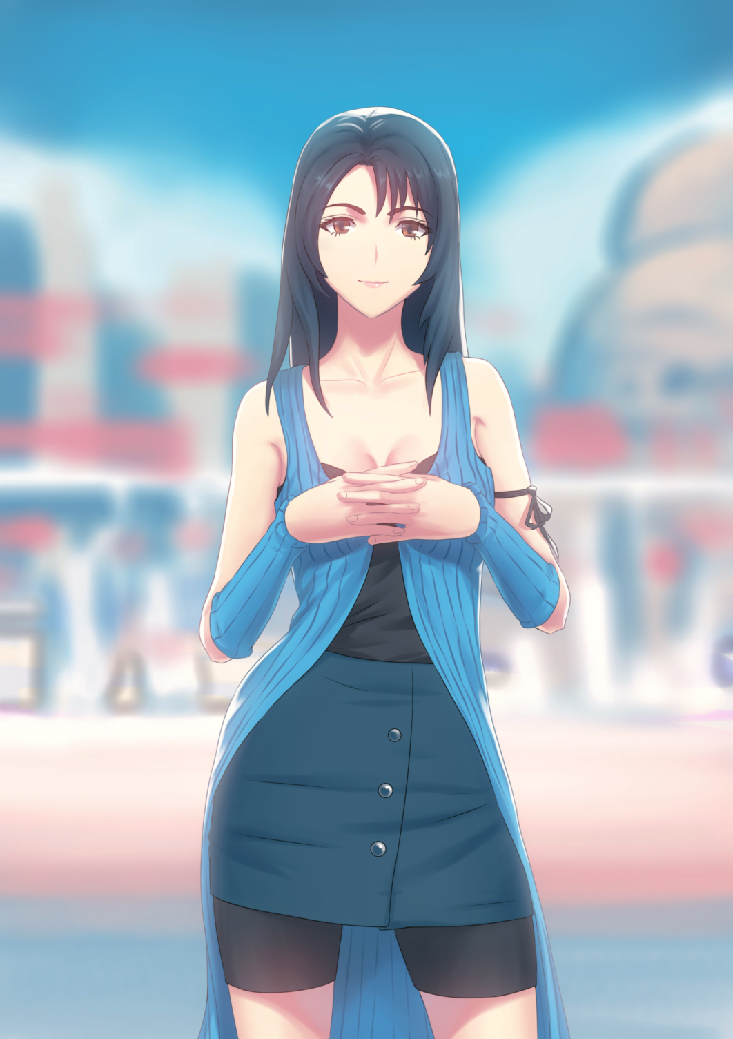 1girl, arm_ribbon, arm_warmers, bare_shoulders, bike_shorts, bike_shorts_under_skirt, black_hair, blue_skirt