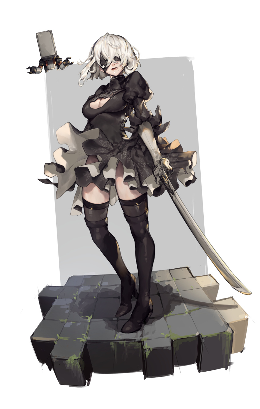 1girl, absurdres, black_dress, black_legwear, blindfold, boots, breasts, cleavage