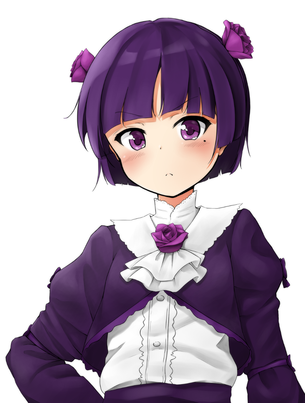 1girl, alternate_hair_length, alternate_hairstyle, black_hair, blush, ene_mizunoawa, flower, gokou_ruri