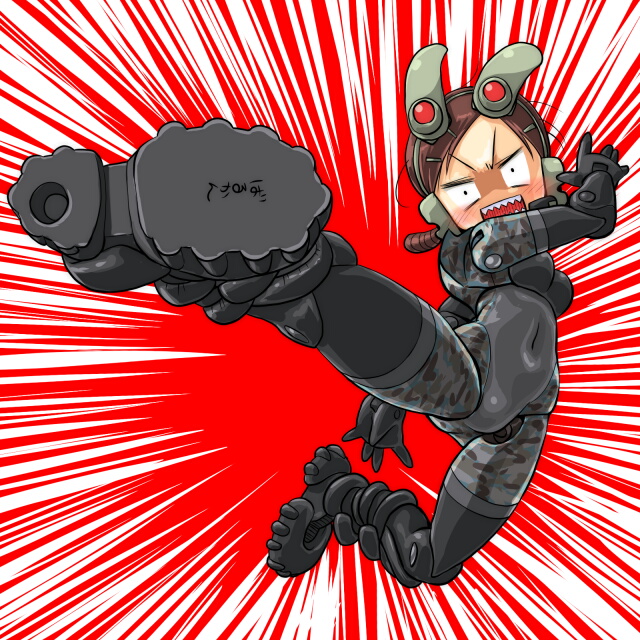 busou_shinki, camouflage, crazy_eyes, dd_(artist), doll_joints, fighting, flying_kick, kick