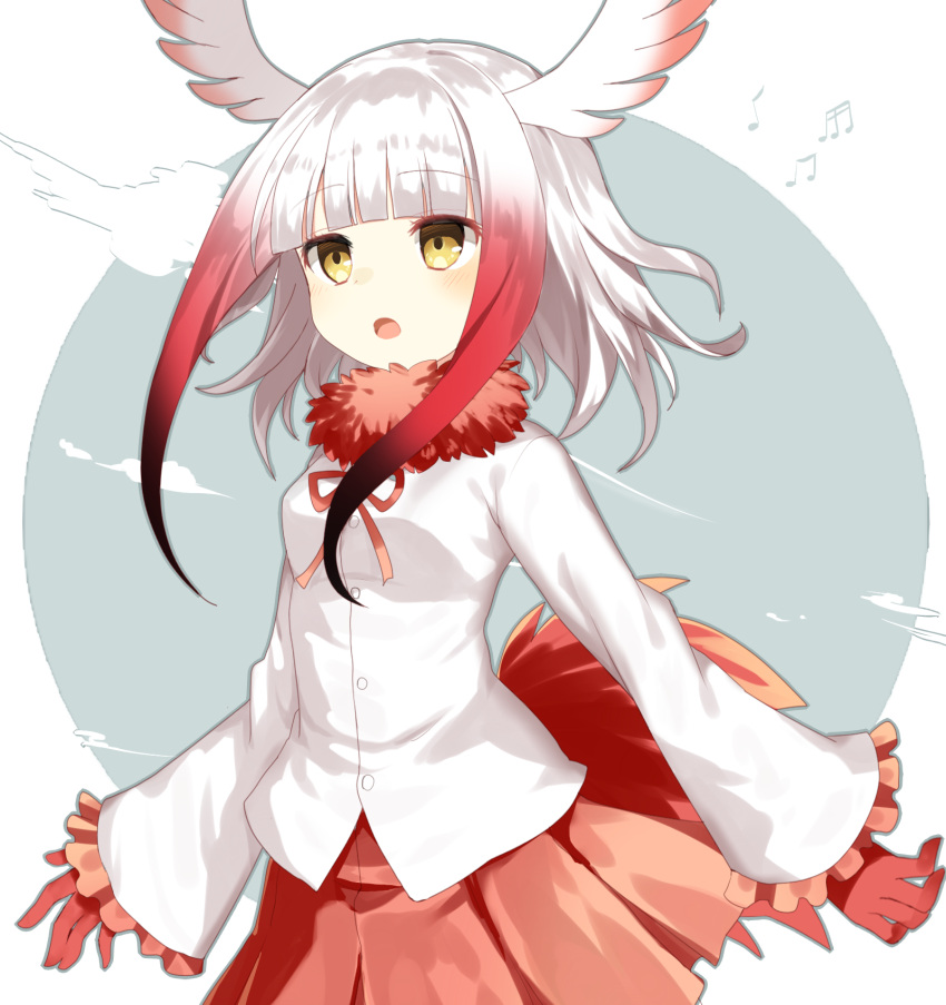 1girl, :o, arms_at_sides, bangs, beamed_quavers, beamed_semiquavers, bird_tail, bird_wings
