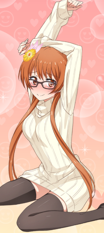1girl, arms_up, black_legwear, blush, bown_hair, brown_eyes, flower, glasses