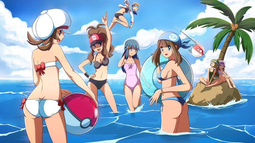 >:d, >:o, 6+girls, :d, :o, adapted_costume, antenna_hair, armpits