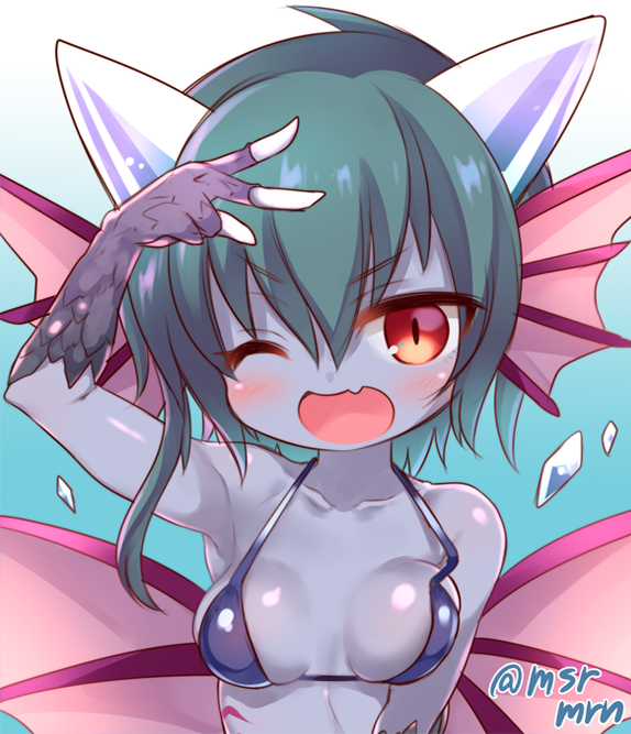 1girl, ;d, bikini_top, blue_hair, blush, breasts, collarbone, demon_girl