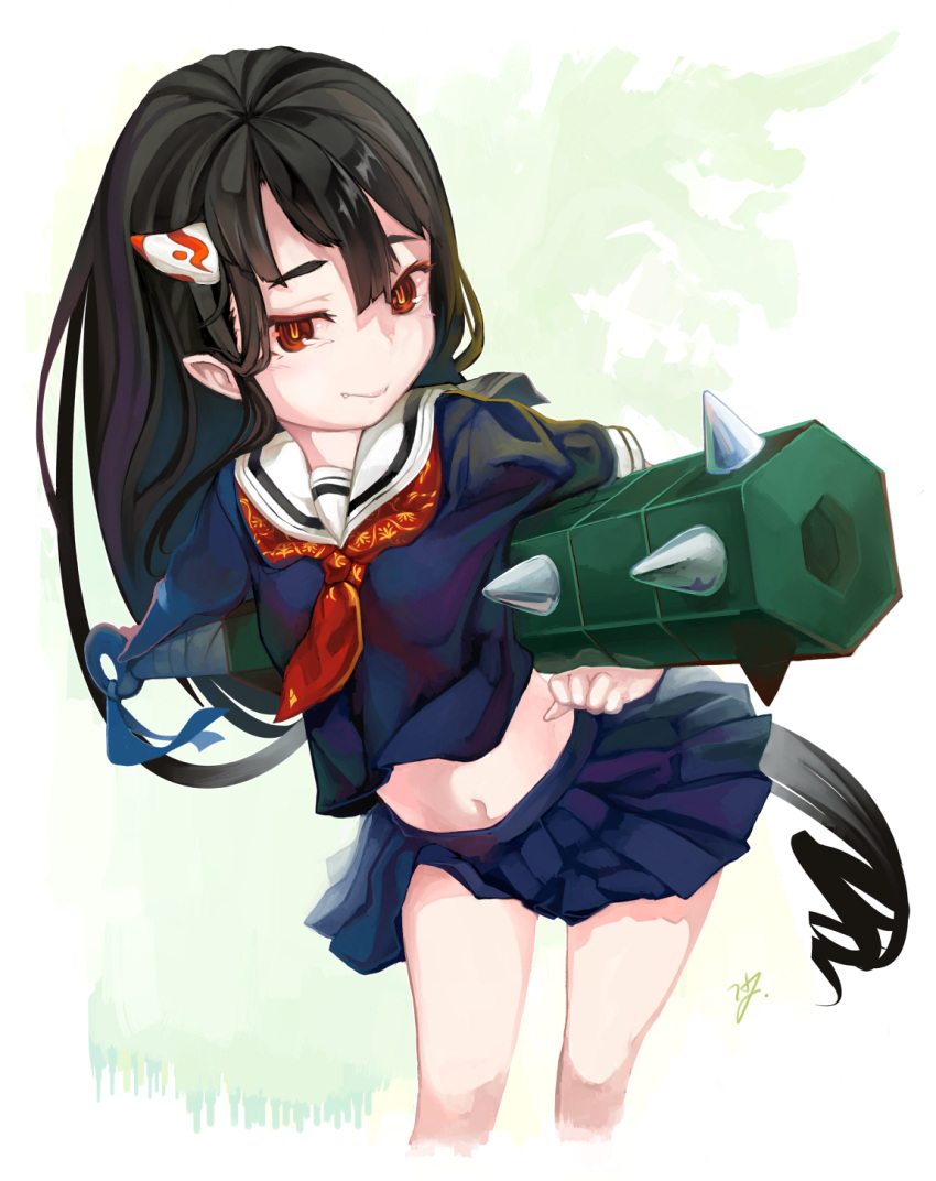 1girl, black_hair, black_serafuku, black_skirt, club, cropped_legs, fang_out, highres