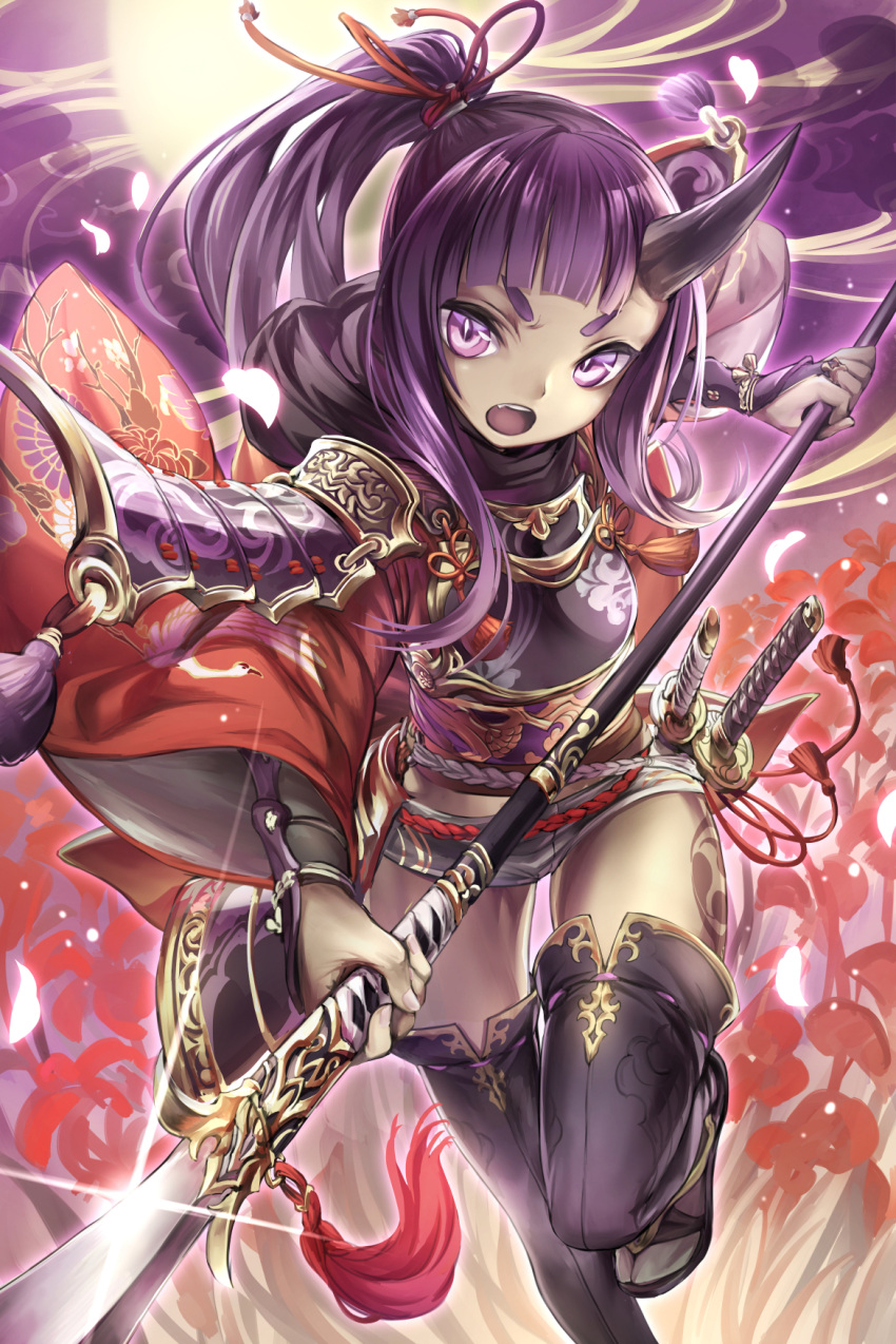 >:o, 1girl, :o, armor, chain_chronicle, fang, field, flower