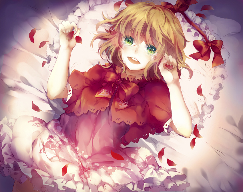 1girl, blonde_hair, bow, capelet, crying, crying_with_eyes_open, dress, fleta_(pocket_mirror)