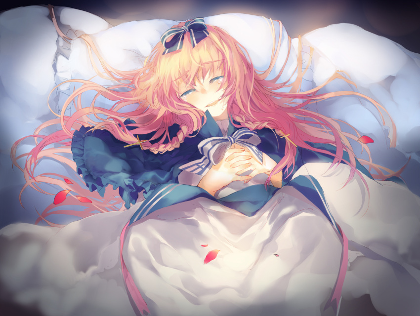 1girl, apron, blonde_hair, blue_bow, bow, capelet, closed_eyes, closed_mouth