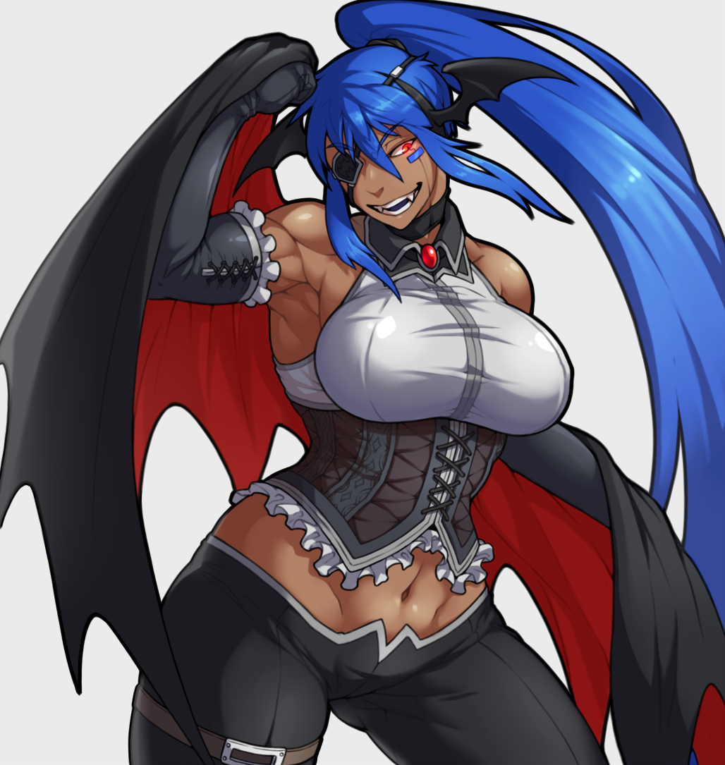 1girl, belt, black_cape, blue_hair, breasts, brooch, cape, corset, eyebrows_visible_through_hair, eyepatch, fake_wings, fangs, foxbat_(hutago), gloves, glowing, glowing_eyes, grin, hairband, halloween_costume, holding_cape, hutago, jewelry, large_breasts, long_hair, midriff, multicolored, multicolored_cape, multicolored_clothes, navel, open_mouth, original, pants, ponytail, red_cape, red_eyes, sidelocks, smile, solo, teeth, tongue, vampire, wings