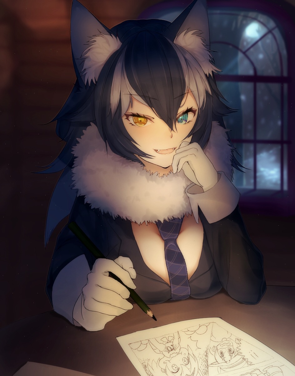 !, !!, 1girl, :d, :i, ancolatte_(onikuanco), animal_ears, black_hair
