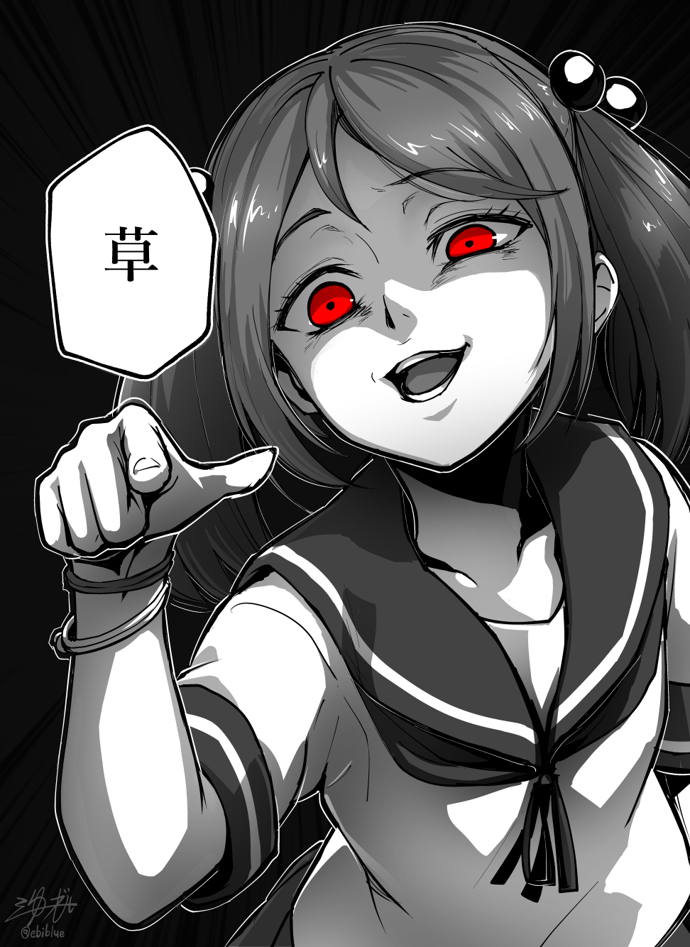 1girl, artist_name, black_background, commentary_request, ebiblue, gesugao, hair_bobbles, hair_ornament, highres, kantai_collection, leaning_forward, limited_palette, open_mouth, pointing, pointing_at_viewer, red_eyes, sazanami_(kantai_collection), shaded_face, short_sleeves, smirk, solo, translation_request, twintails, upper_body, wristband