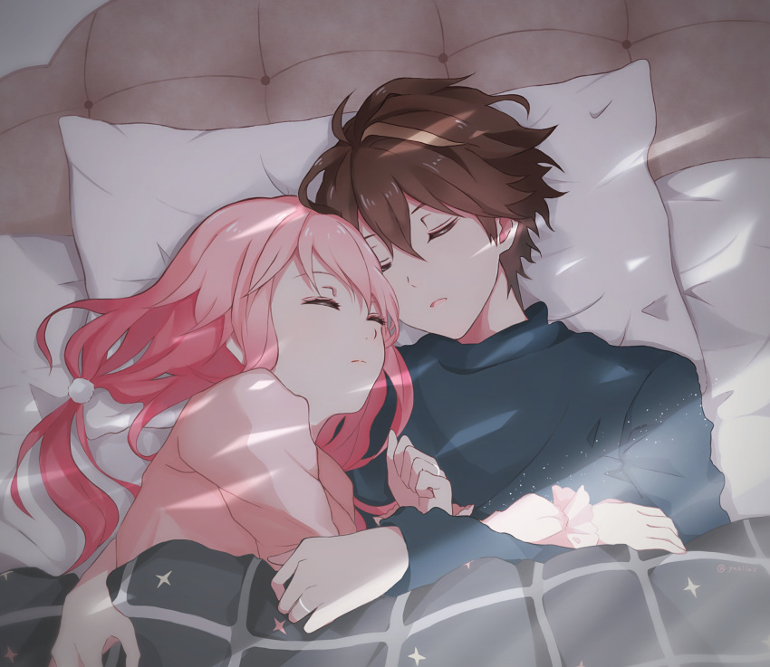 1boy, 1girl, bed, bed_sheet, blanket, blush, brown_hair, closed_eyes