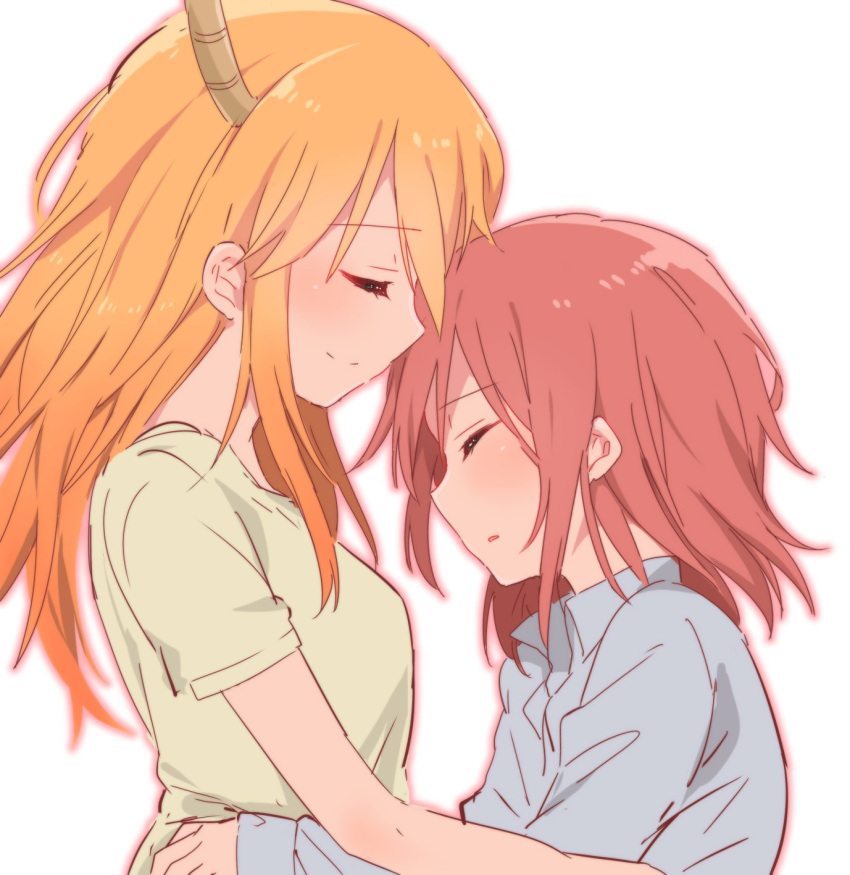 2girls, blonde_hair, breasts, dragon_girl, dragon_horns, highres, horns, hug