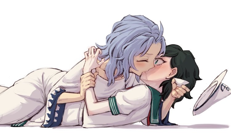 2girls, ahoge, anchor_symbol, aqua_eyes, arm_grab, black_hair, blue_hair, blush, closed_eyes, cup, hat, hat_removed, headwear_removed, kiss, kumoi_ichirin, lying_on_person, meitei, multiple_girls, murasa_minamitsu, neckerchief, no_hood, puffy_short_sleeves, puffy_sleeves, red_neckerchief, sailor, sailor_hat, sakazuki, shirt, short_hair, short_sleeves, simple_background, touhou, white_background, white_hat, white_robe, white_shirt, wide_sleeves, yuri