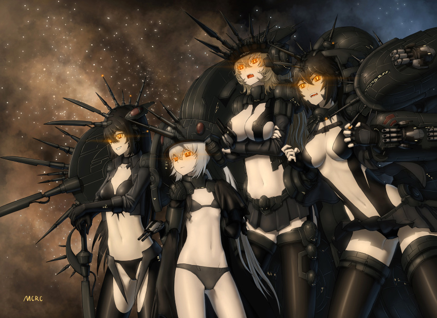 4girls, black_hair, black_panties, breasts, cleavage, eve_online, flat_chest, glowing