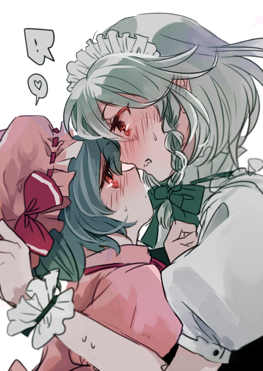 2girls, bad_id, bad_pixiv_id, blush, eye_contact, face-to-face, hat, hug, izayoi_sakuya, looking_at_another, mocco, multiple_girls, remilia_scarlet, short_hair, touhou, yuri
