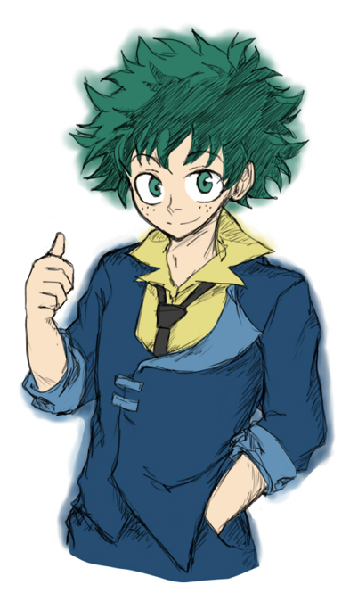 1boy, boku_no_hero_academia, cosplay, cowboy_bebop, drawfag, freckles, green_eyes, green_hair