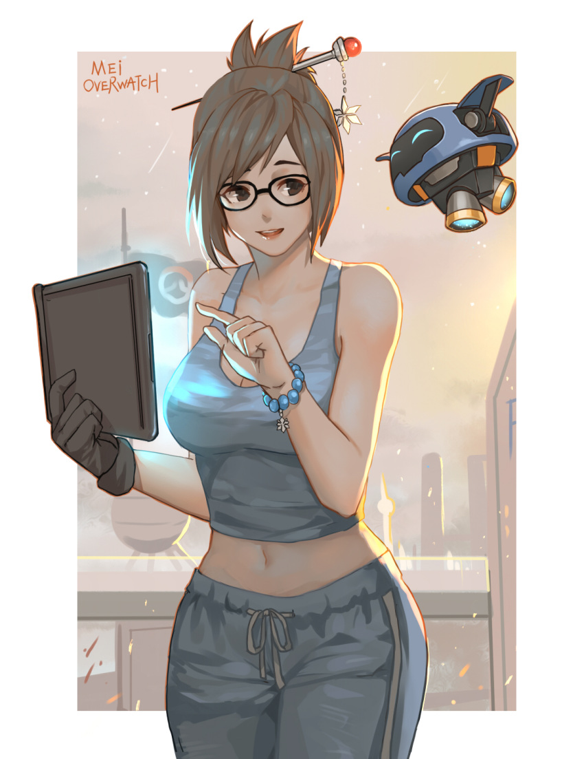 1girl, backlighting, black-framed_eyewear, black_gloves, bracelet, breasts, brown_eyes, brown_hair, building, casual, character_name, cleavage, clouds, cloudy_sky, copyright_name, cowboy_shot, drawstring, drone, flag, floating, glasses, gloves, hair_bun, hair_ornament, hair_stick, highres, holding, jewelry, large_breasts, lips, looking_at_viewer, mei_(overwatch), mizu_(dl7613), open_mouth, outdoors, overwatch, pants, pointing, robot, short_hair, single_glove, sky, smile, snowball_(overwatch), snowing, solo, tablet_pc, tank_top