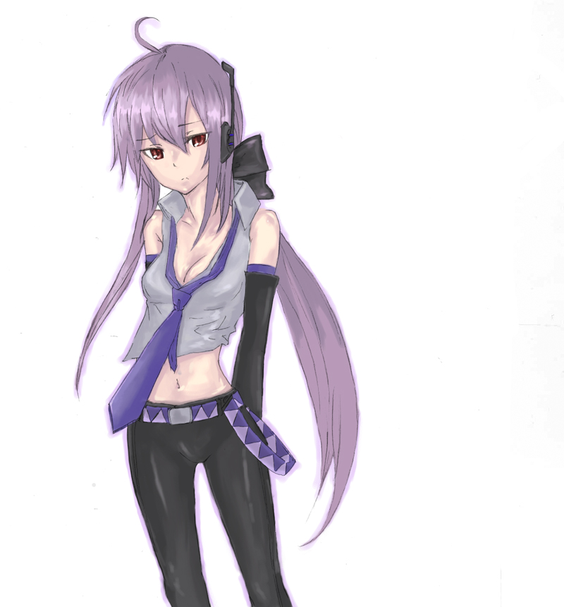 headphones, kiyuren, midriff, necktie, purple_hair, red_eyes, solo, vocaloid