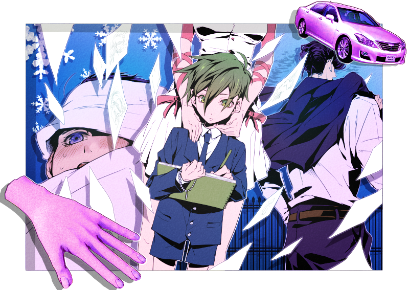 1girl, bandage, blue_eyes, child, disembodied_limb, green_eyes, green_hair, hands