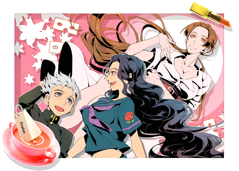 1boy, 2girls, black_hair, breasts, brown_hair, cleavage, gakuran, hirose_kouichi