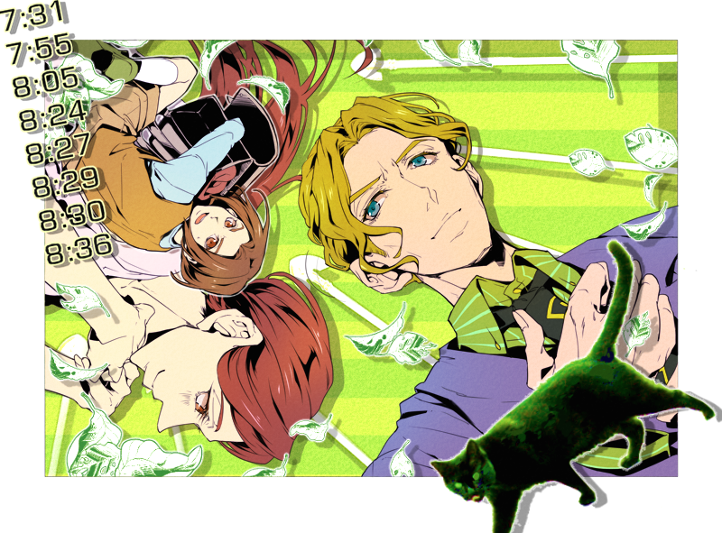 1girl, 2boys, blonde_hair, blue_eyes, brown_hair, cat, formal, jojo_no_kimyou_na_bouken