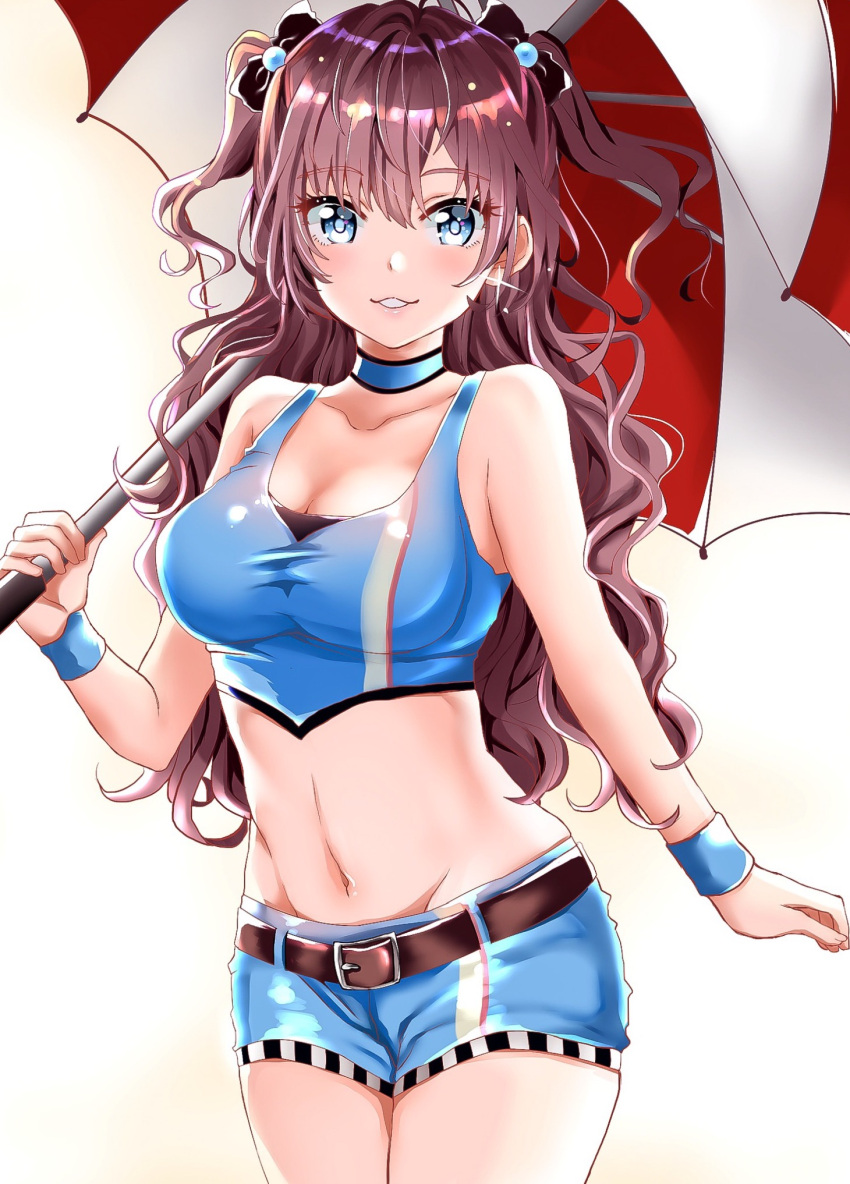 1girl, bangs, blue_eyes, blue_shorts, blush, breasts, brown_hair, cleavage
