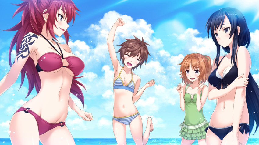 4girls, :d, ^_^, andou_teruha, arm_up, armpits, bare_legs, barefoot
