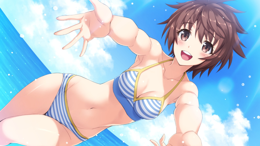 1girl, bikini, blue_sky, breasts, brown_eyes, brown_hair, cleavage, collarbone