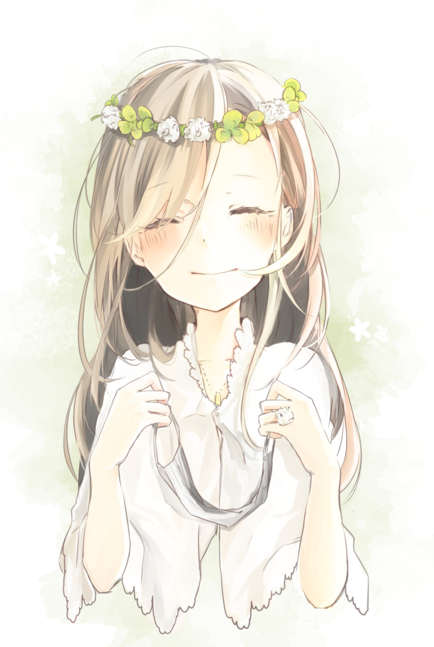 1girl, akutagawa_gin, black_hair, blush, bungou_stray_dogs, closed_eyes, flower, head_wreath