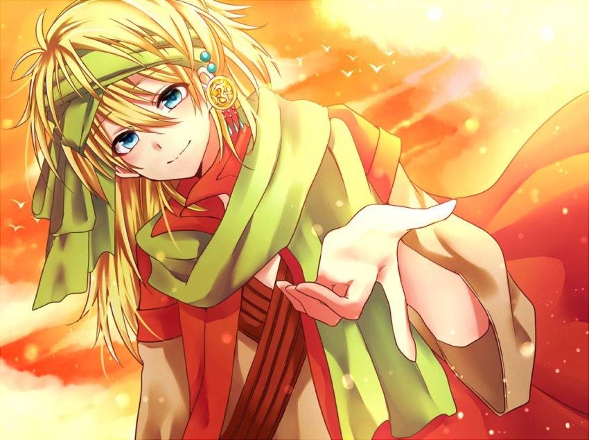 1boy, akatsuki_no_yona, bird, blonde_hair, blue_eyes, headband, long_hair, male_focus, scarf, sky, solo, upper_body, zeno_(akatsuki_no_yona)