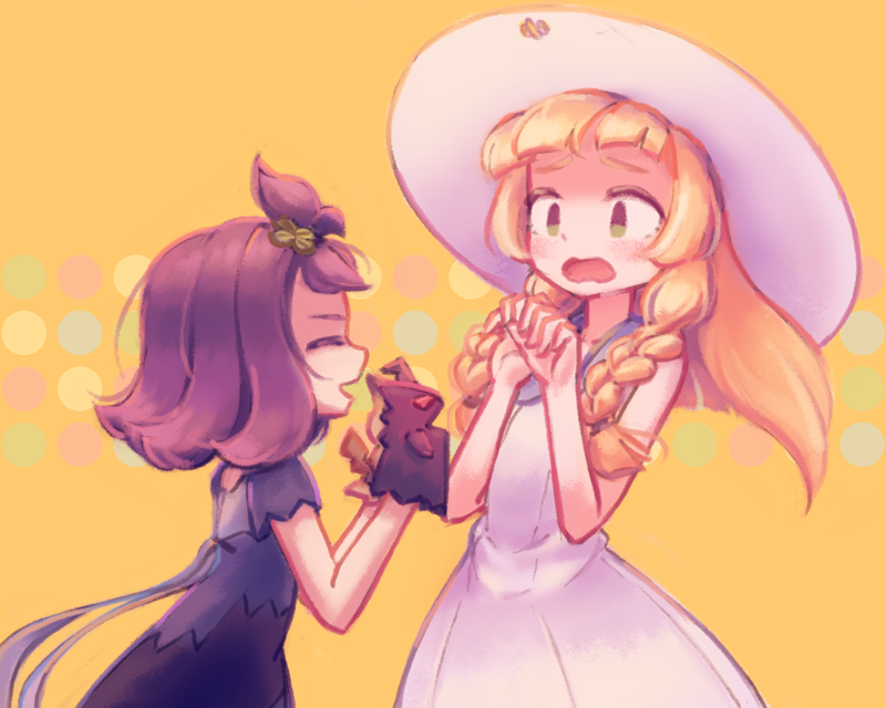 2girls, acerola_(pokemon), allen_(makaroll), blonde_hair, blush, braid, dress, elite_four