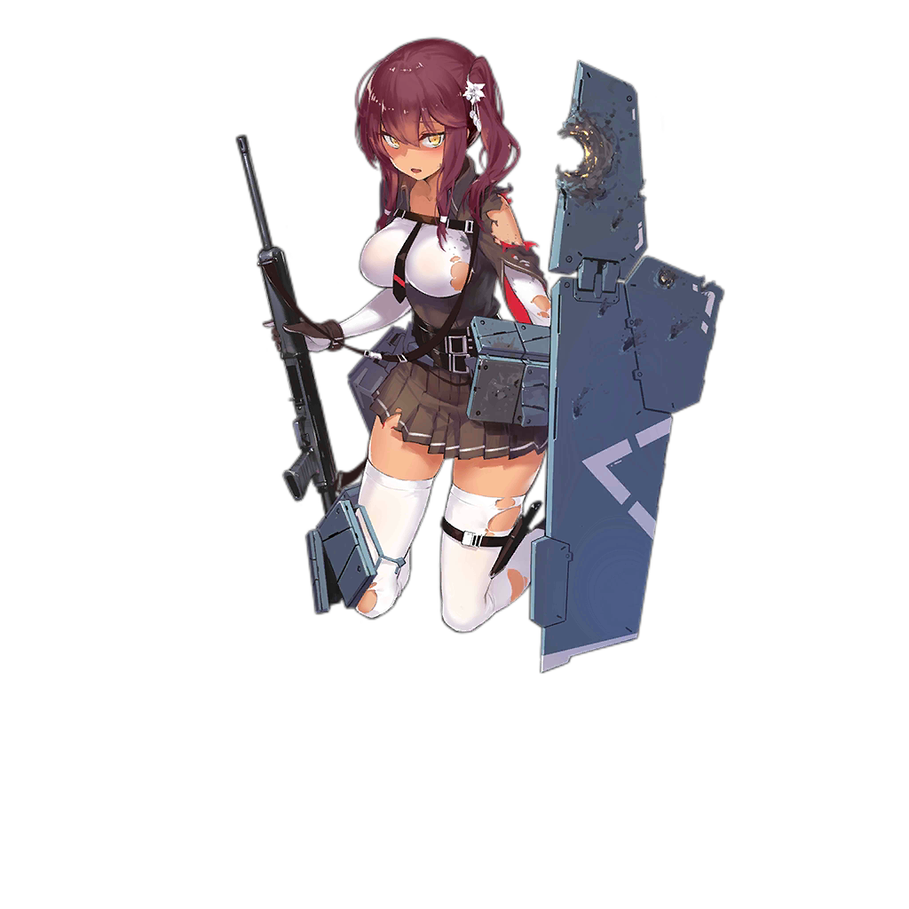 1girl, belt_buckle, boots, breasts, buckle, dark_skin, full_body, girls_frontline, gloves, gun, hand_on_own_chest, hat, holding, impossible_clothes, kneeling, large_breasts, long_hair, looking_at_viewer, nightmaremk2, no_hat, no_headwear, official_art, personification, purple_hair, rifle, saiga-12, saiga-12_(girls_frontline), skirt, solo, thigh-highs, torn_clothes, torn_thighhighs, transparent_background, twintails, weapon, white_legwear, yellow_eyes